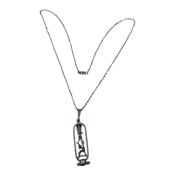 Sterling Silver Egyptian Hieroglyphic Cartouche Pendant Necklace 925 Vintage - Picture 9 of 10